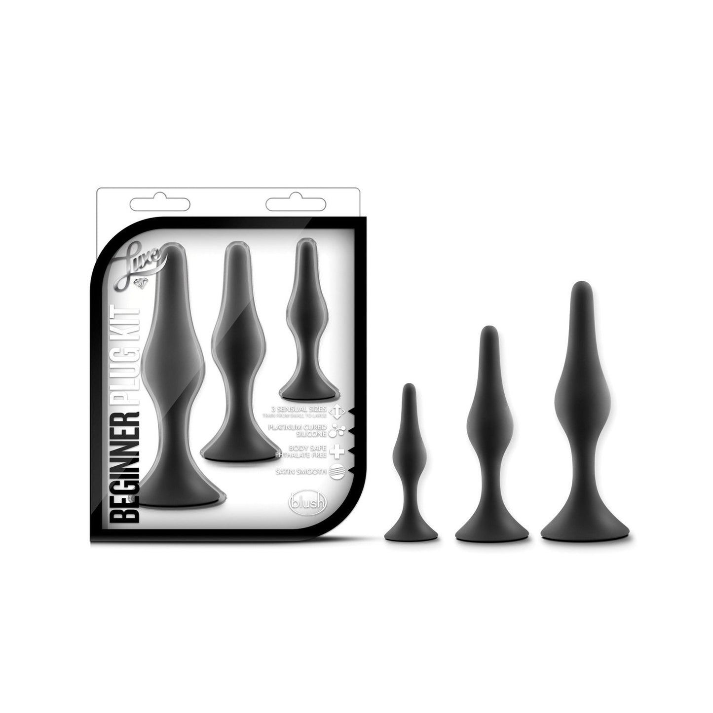 Image of the Blush Luxe Beginner Plug Kit by Blush Novelties showcasing three black plugs of varying sizes, crafted from body-safe silicone. The smooth-textured plugs are displayed both in and out of packaging, labeled with Blush Novelties and Beginner Plug Kit, perfect for anal training.