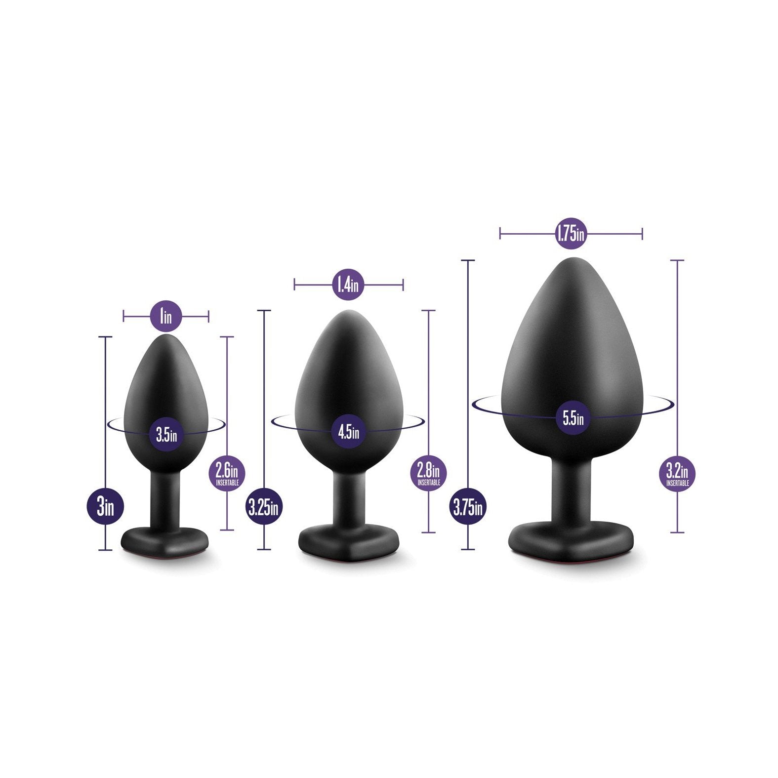 The Swiss Navy Blush Luxe Bling Plugs with Gems are three sleek black silicone butt plugs on a white background, ideal for anal training. Featuring flat bases for stability, sizes include 3x1 inches, 3.25x1.4 inches, and 3.75x1.75 inches, all crafted from body-safe silicone for peace of mind.
