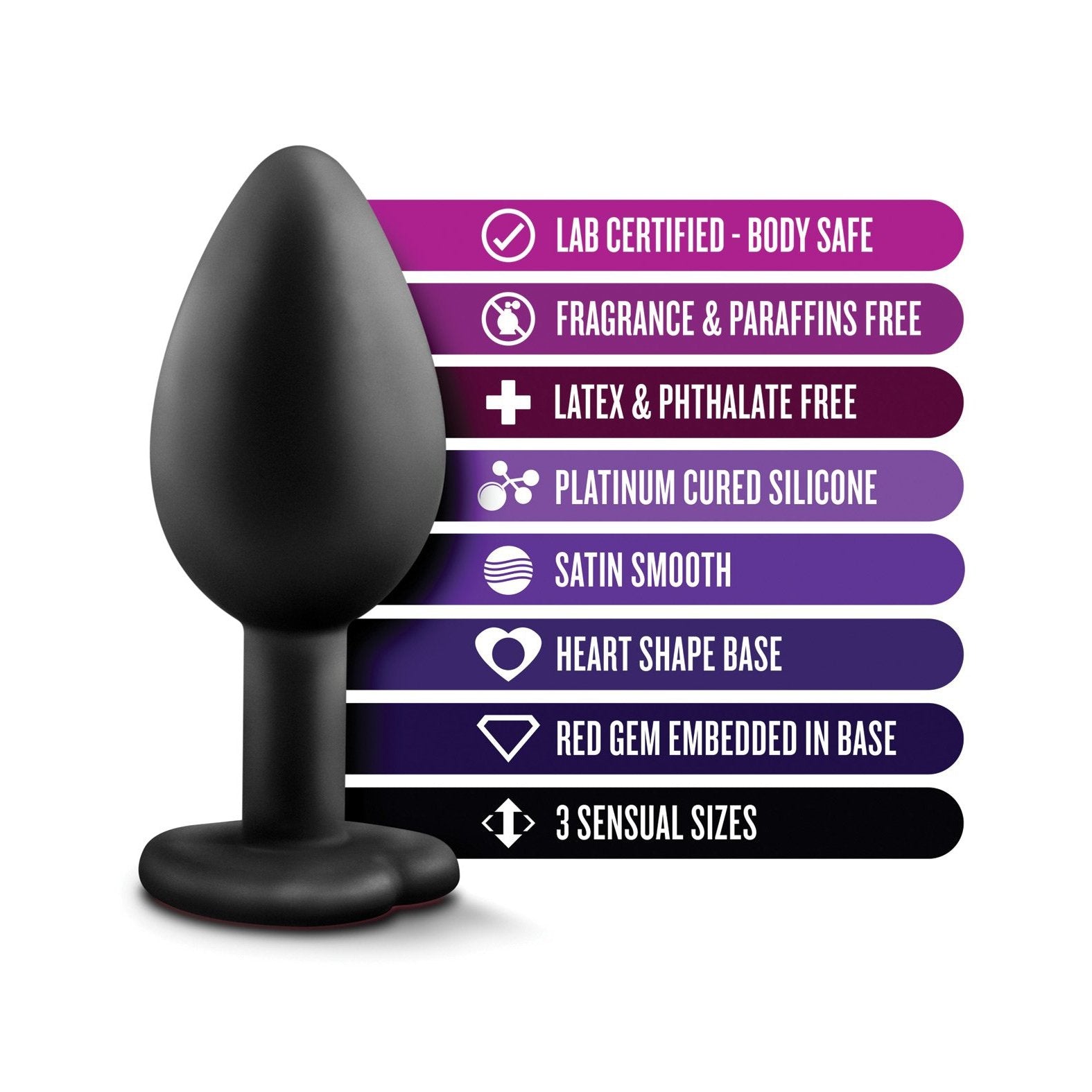 An image of the Blush Luxe Bling Plug by Swiss Navy: a body-safe, black silicone butt plug with a red faux gemstone heart base. It enhances anal training, is lab certified, fragrance and paraffin free, latex and phthalate free, platinum cured, and available in three sizes.