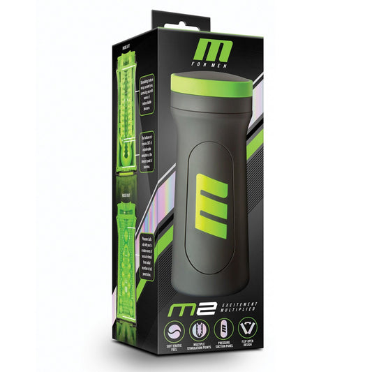 The Blush M for Men M2 Male Masturbator Cup packaging by Blush Novelties is black and green with a flip-open design, revealing textured interior images. It features the brand logo, M2 excitement intensified, and displays benefits and usage icons at the bottom.