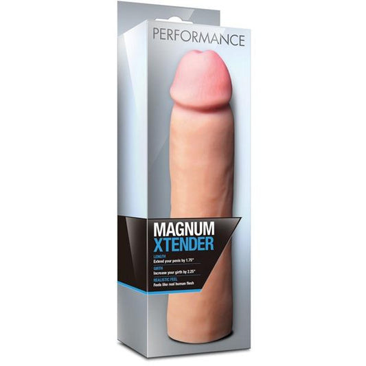 The Blush Novelties Performance Magnum Xtender packaging showcases a realistic-looking length extension adult toy, enhancing size effortlessly. It includes detailed product information for this innovative penis sheath, ensuring an informed and satisfying experience.