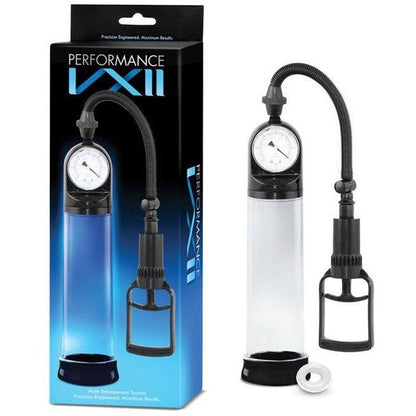 The transparent Blush Performance VX2 Pump by Blush Novelties includes a pressure gauge and a sleek black trigger pump design handle. The packaging box, visible to the left, prominently displays the product name Performance VX2 in bold blue and white text.