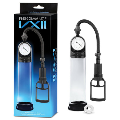 The image shows the Blush Performance VX2 Pump by Blush Novelties, a penis pump with a vacuum mechanism, pressure gauge, and transparent cylinder. The packaging emphasizes precision and enhancement features with an easy-to-use trigger pump design.