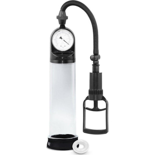 The Blush Performance VX2 Pump by Blush Novelties boasts a transparent chamber with a top pressure gauge, a flexible hose connected to an innovative trigger pump, and a front removable seal. It features predominantly black and clear plastic components.