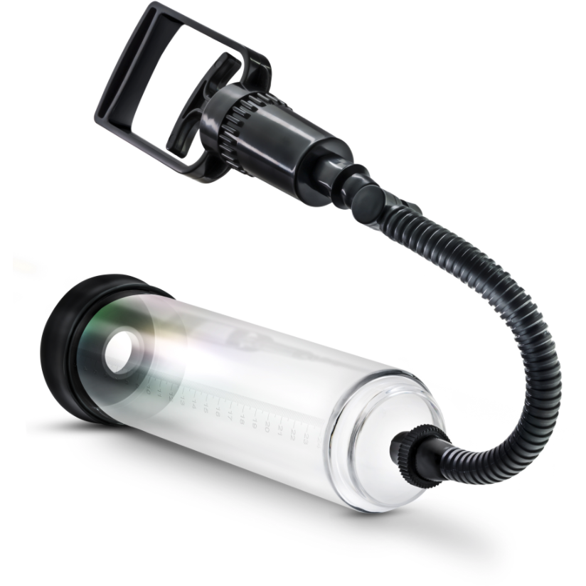 The Blush Performance VX3 Penis Pump by Blush Novelties features a clear chamber with measurement markings, a sleek black plastic handle, and a rubber hose for optimal use.