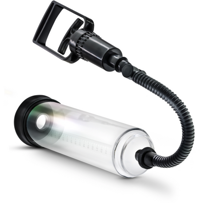 The Blush Performance VX3 Penis Pump by Blush Novelties features a clear chamber with measurement markings, a sleek black plastic handle, and a rubber hose for optimal use.