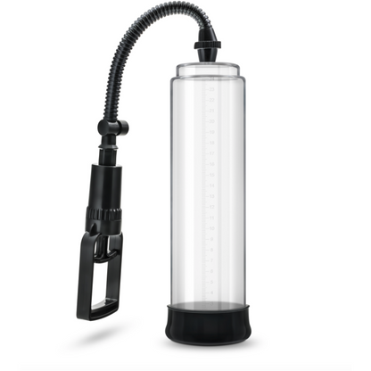 Blush Novelties Blush Performance VX3 Penis Pump has a clear cylinder with black ends, connected to a flexible black tube and hand pump, complete with a precise measurement scale for tracking.