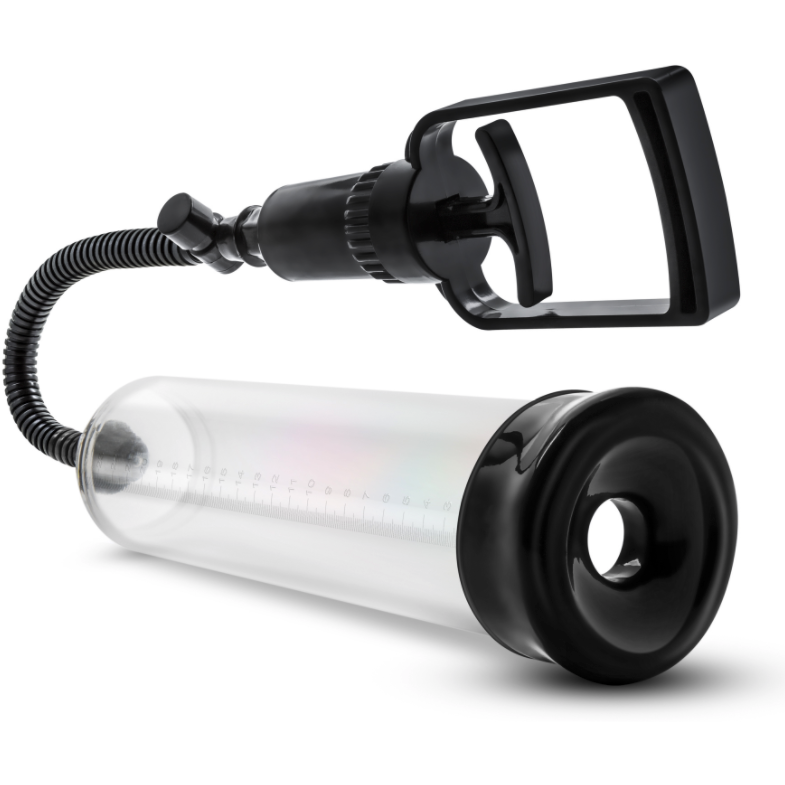 The Blush Performance VX3 Penis Pump by Blush Novelties is a sleek device with black and clear cylindrical chambers. It includes measurement markings, a flexible hose, and a pressure handle designed for optimal suction to enhance performance.