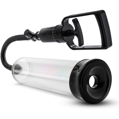 The Blush Performance VX3 Penis Pump by Blush Novelties is a sleek device with black and clear cylindrical chambers. It includes measurement markings, a flexible hose, and a pressure handle designed for optimal suction to enhance performance.
