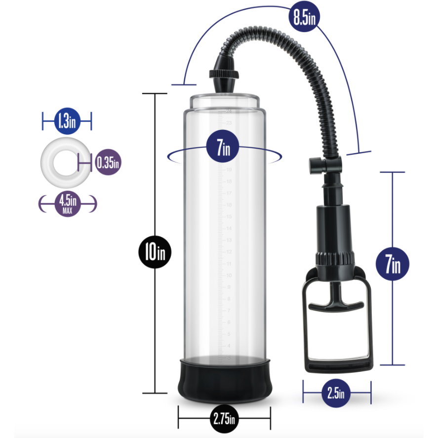 Illustration of the Blush Performance VX3 Penis Pump by Blush Novelties, a clear cylindrical vacuum pump with 10 height, 2.75 diameter, an 8.5 flexible hose, 7 handle, and a 1.3 ring adapter with a black base—ideal for precision use.
