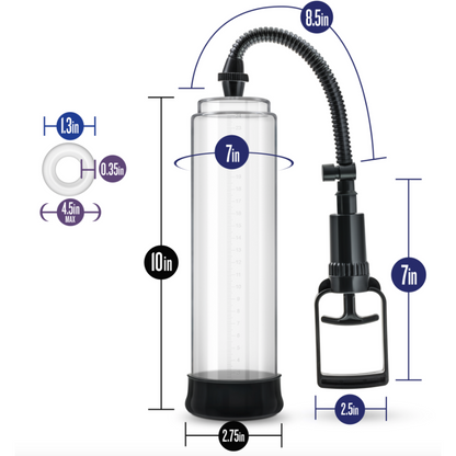 Illustration of the Blush Performance VX3 Penis Pump by Blush Novelties, a clear cylindrical vacuum pump with 10 height, 2.75 diameter, an 8.5 flexible hose, 7 handle, and a 1.3 ring adapter with a black base—ideal for precision use.