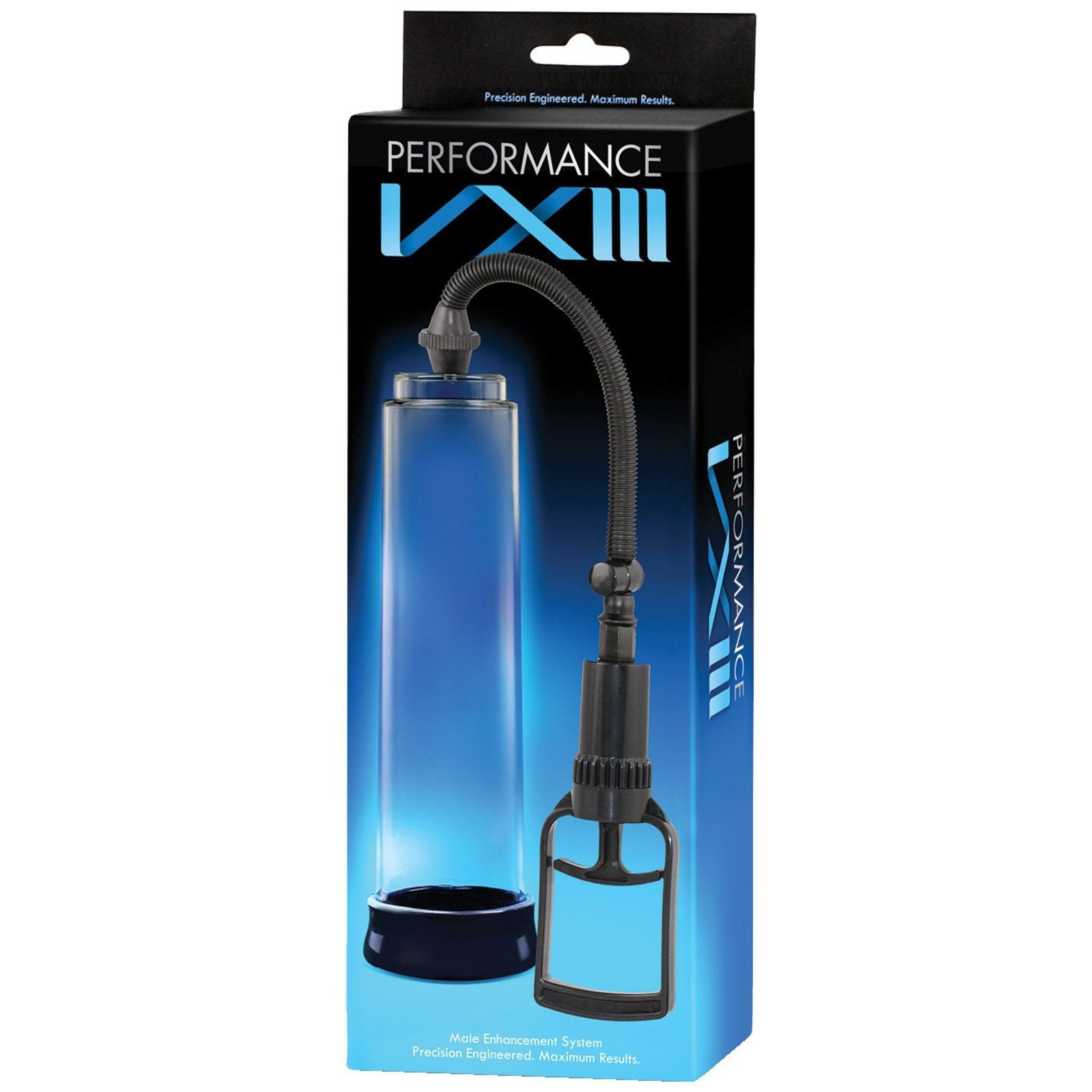 The image displays a Blush Novelties product, the Performance VX3 penis pump. It has a transparent cylindrical chamber connected to a black hand pump with a flexible tube and comes elegantly packaged in a sleek black and blue box.