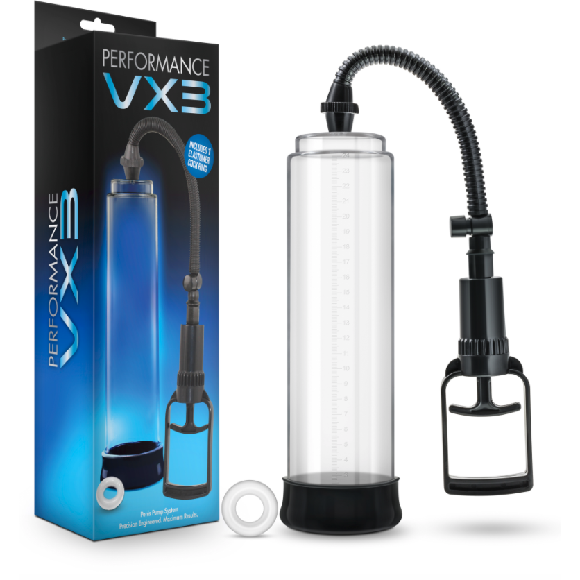 The Blush Performance VX3 Penis Pump, a clear cylindrical device with a pump, hose, handle attachment, and white ring accessory from Blush Novelties, sits next to its packaging box.