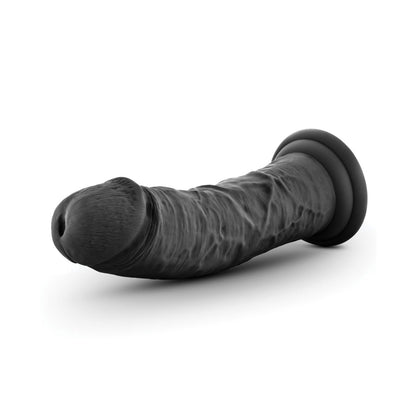 The Blush Ruse Jammy 7.5 by Blush Novelties, a black textured silicone dildo with a realistic curved design and flared base, rests on a white background.
