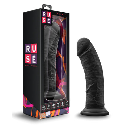 The Blush Ruse Jammy 7.5 from Blush Novelties is a realistic, textured black silicone dildo with a suction cup base. Its vibrant packaging includes product details and a window to display the phthalate-free design for safe pleasure.