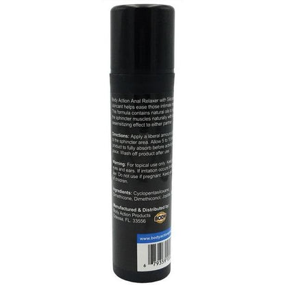 The Body Action Anal Relaxer by Adams Toy Box comes in a cylindrical black bottle featuring a label with application directions, warnings, and ingredients like jojoba and amyris oils. Its distributed by Chocolate Addiction, LLC in Davie, FL.