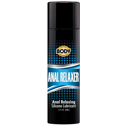 Adams Toy Box offers the Body Action Anal Relaxer in a black 1.7 fl. oz. (50 ml) silicone lube bottle, featuring a sleek blue and black design, enriched with jojoba and amyris oils for enhanced comfort during use.