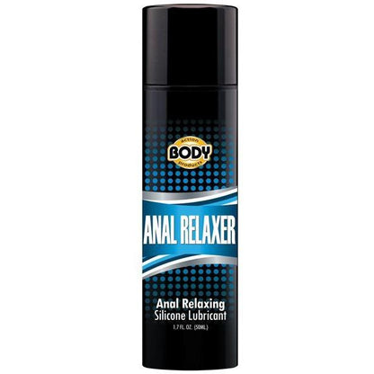 The 1.7 fl. oz. (50 ml) Body Action Anal Relaxer by Adams Toy Box comes in a sleek black and blue bottle, featuring a comforting blend of jojoba and amyris oils for a smooth silicone-based experience.