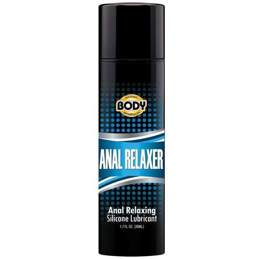 The 1.7 fl. oz. (50 ml) Body Action Anal Relaxer by Adams Toy Box comes in a sleek black and blue bottle, featuring a comforting blend of jojoba and amyris oils for a smooth silicone-based experience.