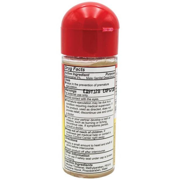 A bottle with a red cap shows the back label for Body Action Stayhard Lubricant by Body Action Products. It includes drug facts, active ingredients, purpose, uses, warnings, and inactive ingredients in small text listing safety and usage info for the stamina-boosting formula.