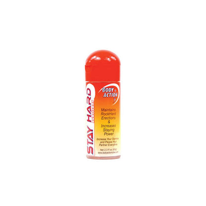 The vibrant red and yellow bottle labeled Body Action Stayhard Lubricant by Body Action Products offers a stamina-boosting formula designed to maintain erections and increase endurance. With 2 fl oz, this water-based lubricant ensures comfort while enhancing performance.