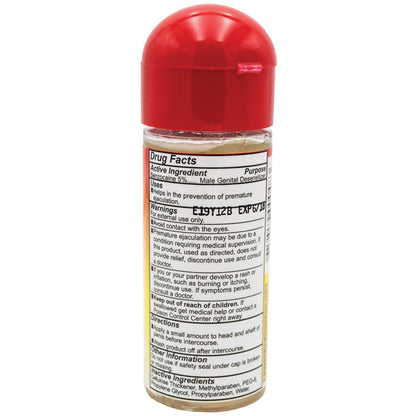 A bottle with a red cap labeled Body Action Stayhard Lubricant from Body Action Products. The front label includes drug facts like stamina-boosting formula, purpose, uses, warnings, and inactive ingredients. Text is small and mostly unreadable except for bold headings and numbers.