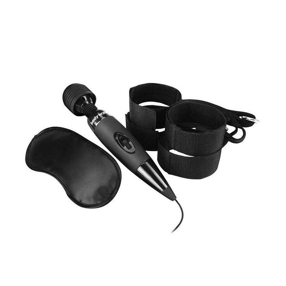 The Xgen Bodywand Midnight Massage Bedroom Play Kit includes a black vibrating wand with a power cord, a black eye mask, and two adjustable wrist straps with Velcro for an enticing BDSM experience.