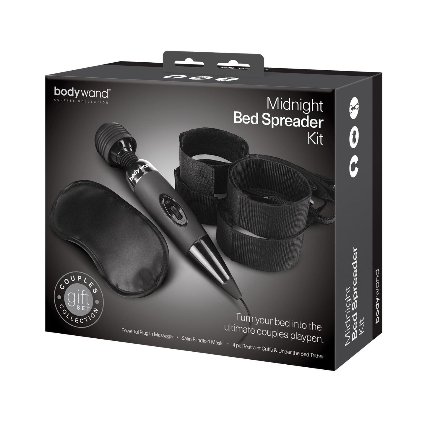 The Bodywand Midnight Massage Bedroom Play Kit by Xgen turns your bed into a playful couples retreat, including a black blindfold, vibrating wand massager, and cuffs, all beautifully packaged in the Couples Gift Collection.