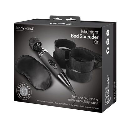 The Bodywand Midnight Massage Bedroom Play Kit by Xgen turns your bed into a playful couples retreat, including a black blindfold, vibrating wand massager, and cuffs, all beautifully packaged in the Couples Gift Collection.