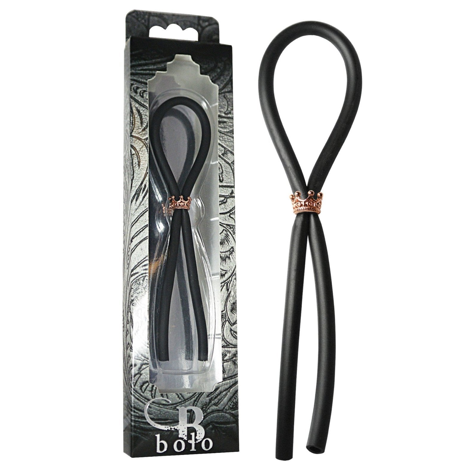 Image of the Bolo Silicone Lasso by Adams Toy Box, featuring a rose gold crown slider ring crafted from body-safe materials, displayed alongside its ornate decorative packaging.