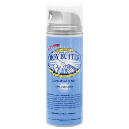 A blue can of Boy Butter Easy Pump - H2O features a convenient pump dispenser with a water-based formula, is latex-safe, and made in the USA.