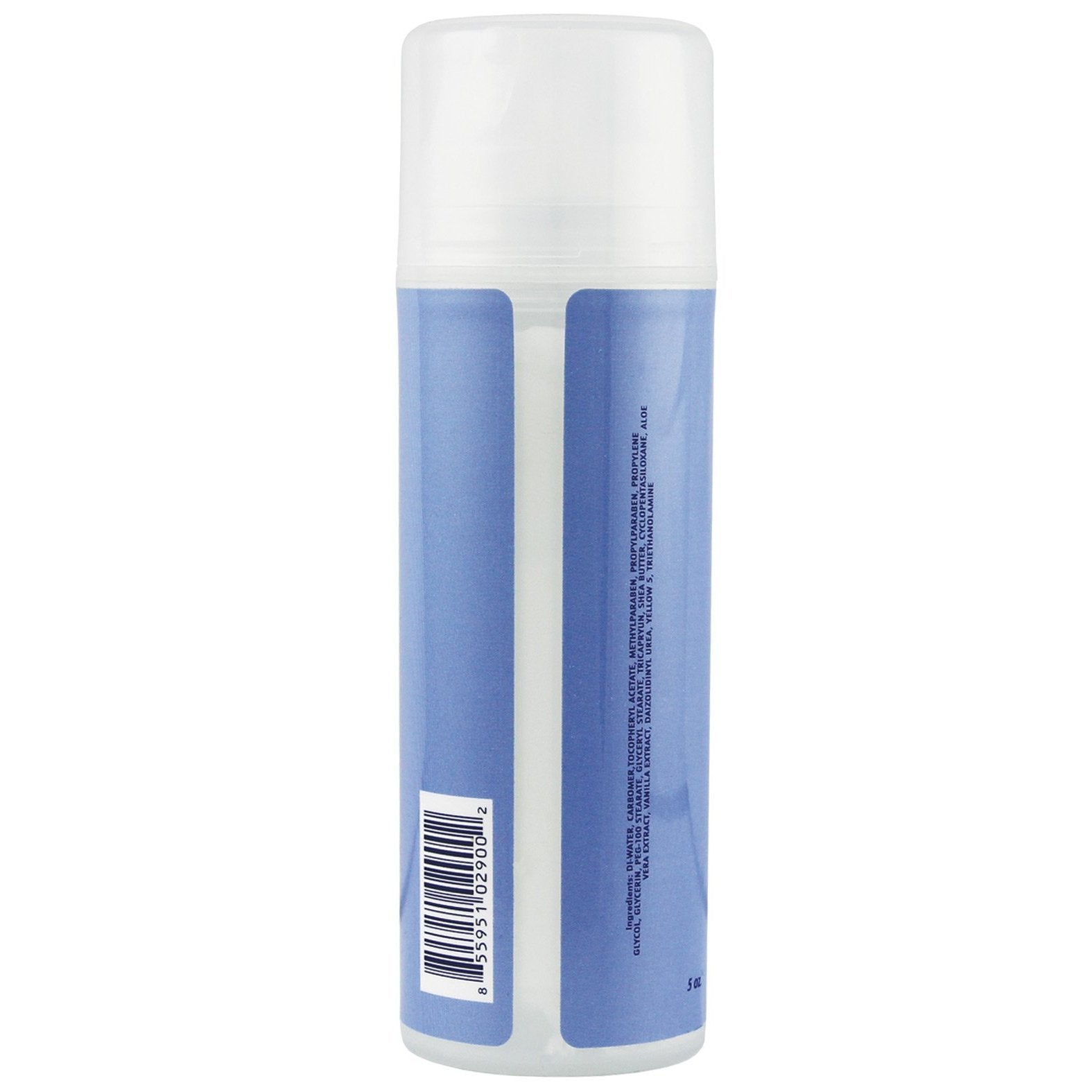 The image shows a cylindrical blue Boy Butter Easy Pump - H2O bottle with a white cap, displayed from the back, featuring a barcode and ingredients for the latex-safe, water-based lube. It stands upright against a plain white background.