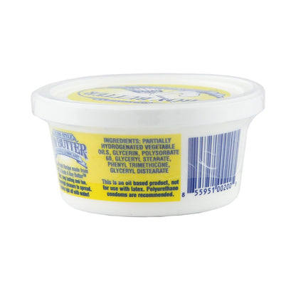 A small white plastic container with a yellow lid labeled Butter features a side label listing ingredients and warning that its oil-based, like Boy Butter Original from the Boy Butter brand. The barcode on the side ensures easy scanning at checkout.