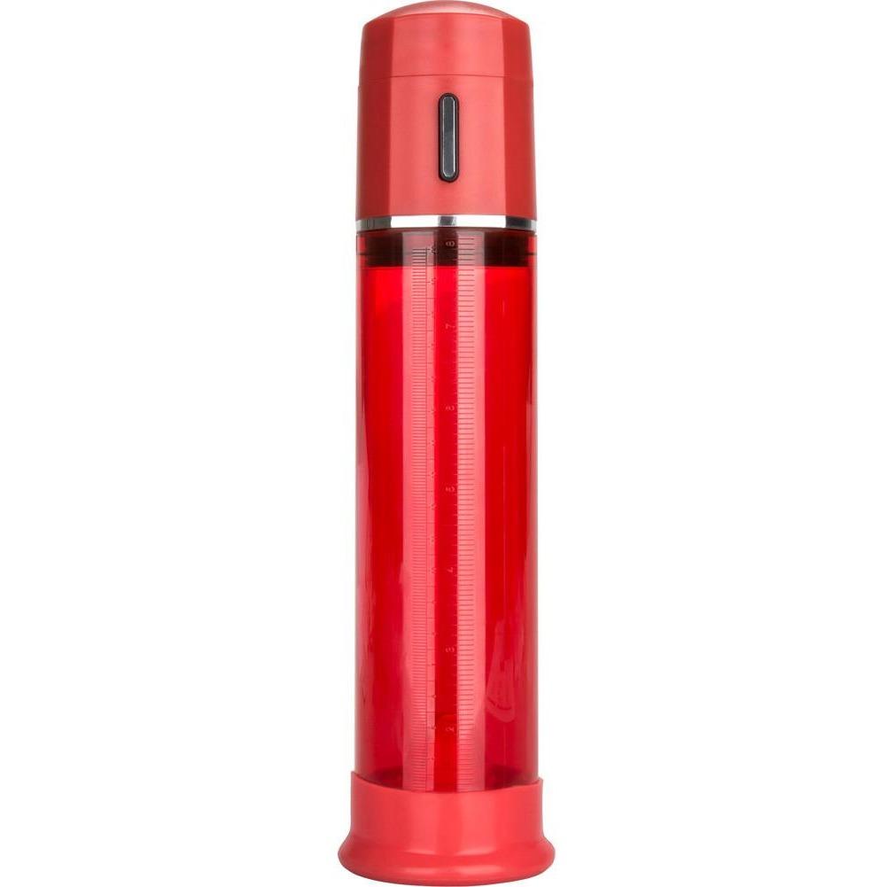 A red water bottle mirrors the Cal Exotics Advanced Firemans Penis Pump, featuring a translucent body and black vertical measurement line. The wide base and rounded cap enhance its design, reflecting reliability and innovation akin to Adams Toy Boxs fully automatic approach.