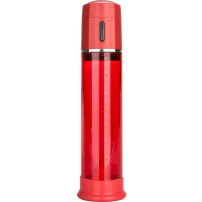 A red water bottle mirrors the Cal Exotics Advanced Firemans Penis Pump, featuring a translucent body and black vertical measurement line. The wide base and rounded cap enhance its design, reflecting reliability and innovation akin to Adams Toy Boxs fully automatic approach.