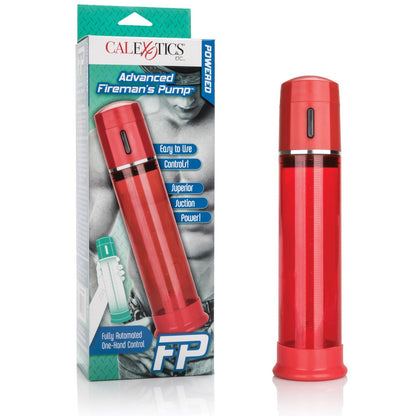 The image features a red cylindrical device labeled Cal Exotics Advanced Firemans Penis Pump by Adams Toy Box. Its packaging highlights features like easy to use, control, and superior suction power. The fully automatic design promises stronger erections for optimal performance.