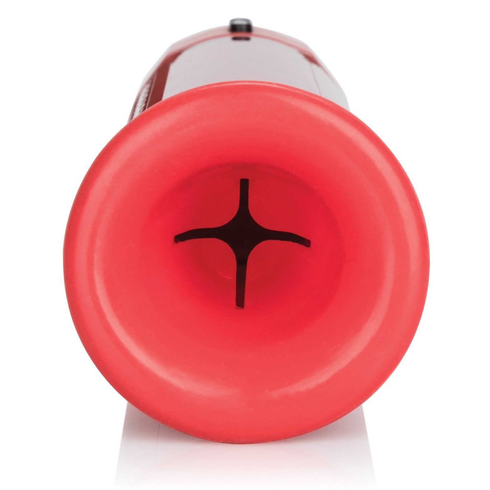 A close-up view of a red Cal Exotics Advanced Firemans Penis Pump by Adams Toy Box, featuring a black star-shaped opening at the center. Its automatic design and textured surface enhance grip for effective muscle relief and exercise.