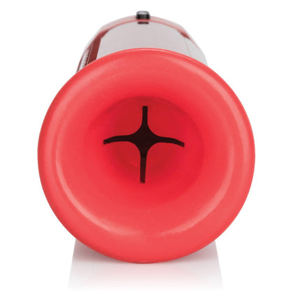A close-up view of a red Cal Exotics Advanced Firemans Penis Pump by Adams Toy Box, featuring a black star-shaped opening at the center. Its automatic design and textured surface enhance grip for effective muscle relief and exercise.