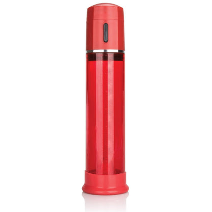 The Cal Exotics Advanced Firemans Penis Pump by Adams Toy Box is a red, cylindrical vacuum device with a transparent marked section for measurement. Fully automatic, it has a rounded top and broad base for easy use, promising stronger erections. It stands upright against a plain white background.