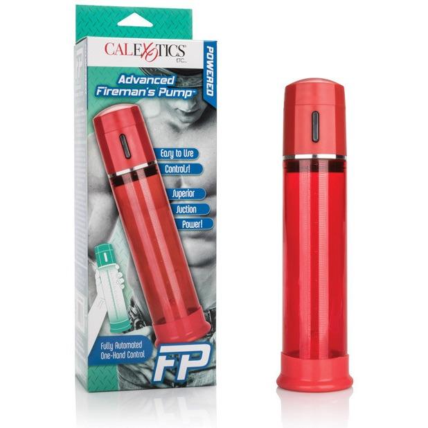 A red Cal Exotics Advanced Firemans Penis Pump from Adams Toy Box is beside its packaging. The box showcases features like Easy to Use and Superior Suction Power, with images of the pump that emphasize optimal performance.