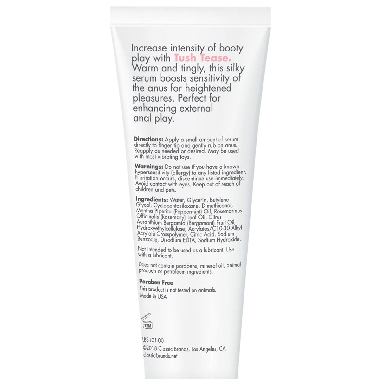 The image shows a white tube of CGC Tush Tease Anal Stimulant, crafted to enhance sensitivity and pleasure. It includes directions, warnings, and ingredients for a warm and tingly experience.