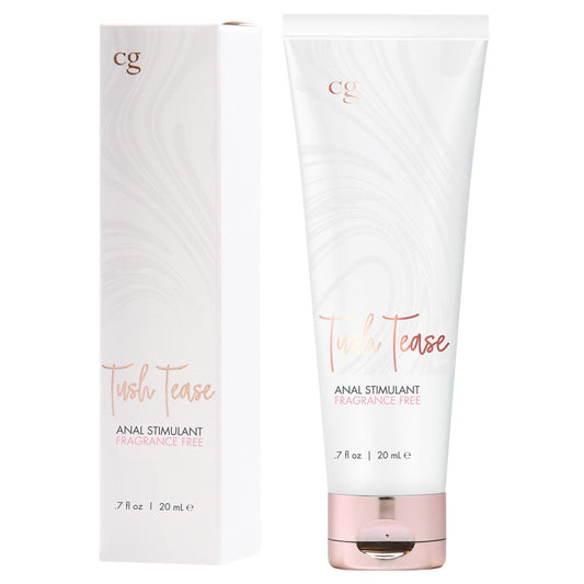 A 0.7 fl oz (20 mL) tube and box of CGC Tush Tease Anal Stimulant, fragrance-free, with a white and rose gold swirling design. This warm and tingly product enhances sensitivity.
