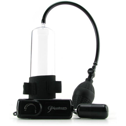 The Classix Power Pump - Vibrating by Pipedream is black and transparent, featuring a pressure gauge, flexible tube, handheld pump with a quick-release valve to ensure efficient vacuum pressure control.