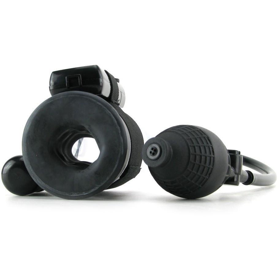 The Classix Power Pump - Vibrating by Pipedream features a black rubber design with a manual bulb hand pump and flexible rubber tube for vacuum pressure control. It includes a textured grip, smooth main body with circular opening, and quick release valve for convenience.