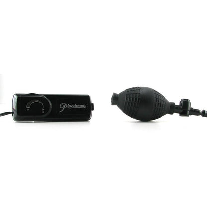 A black handheld controller with a dial and the Pipedream brand is shown beside a black Vibrating Classix Power Pump bulb with tubing, featuring a quick release valve, all against a plain white background.