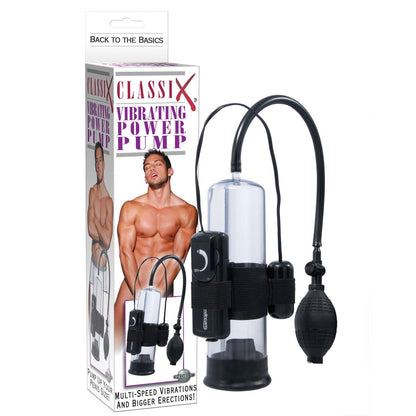 The image shows the packaging of the Pipedream Classix Power Pump - Vibrating with a shirtless male model in front, highlighting features like multi-speed vibrations, vacuum pressure capabilities, a handheld bulb, and vibration control to enhance performance.