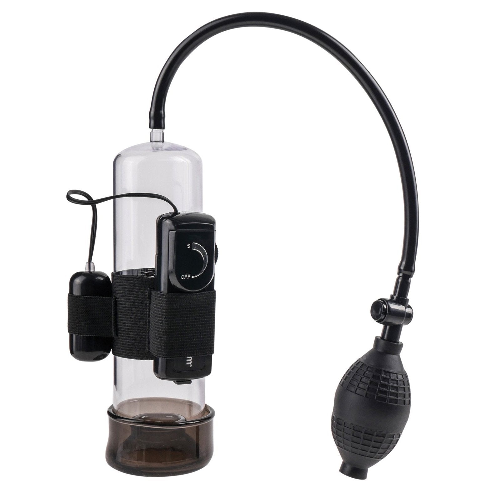 The Classix Power Pump - Vibrating by Pipedream features a transparent cylindrical design with a black handle and air tube, digital display, control buttons, an adjustable strap, quick release valve, and a black inflation bulb for manual use.