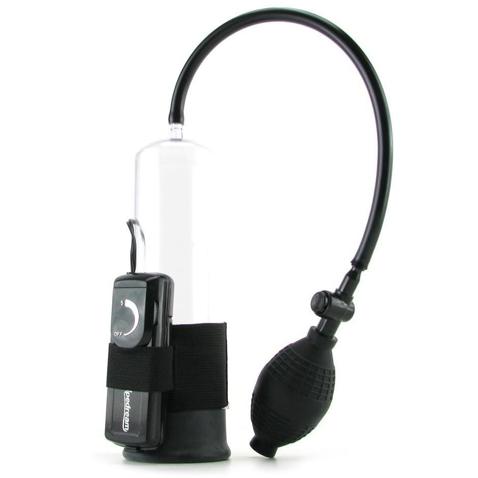 The Pipedream Classix Power Pump - Vibrating features a transparent cylinder, black bulb, hose, and adjustable gauge. It includes a quick release valve, black base with digital controller, ensuring optimal vacuum pressure for efficient use.