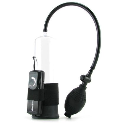 The Pipedream Classix Power Pump - Vibrating features a transparent cylinder, black bulb, hose, and adjustable gauge. It includes a quick release valve, black base with digital controller, ensuring optimal vacuum pressure for efficient use.