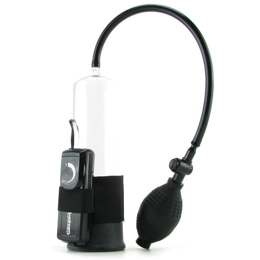 The Pipedream Classix Power Pump - Vibrating features a transparent cylinder, black bulb, hose, and adjustable gauge. It includes a quick release valve, black base with digital controller, ensuring optimal vacuum pressure for efficient use.